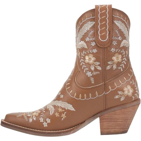 Dingo Low Heels Women Brown Embroidered Floral Snip Toe Casual Ankle Mid Boots - Picture 3 of 5